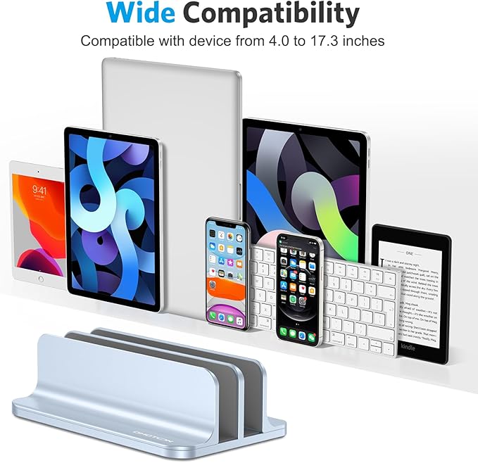 OMOTON Vertical Laptop Stand [Updated Double Version], Desktop Aluminum Mac Book Stand with Adjustable Dock Size, Fits All Mac Book, Surface, Chrome Book and Gaming Laptops (Up to 17.3") (Sky Blue)