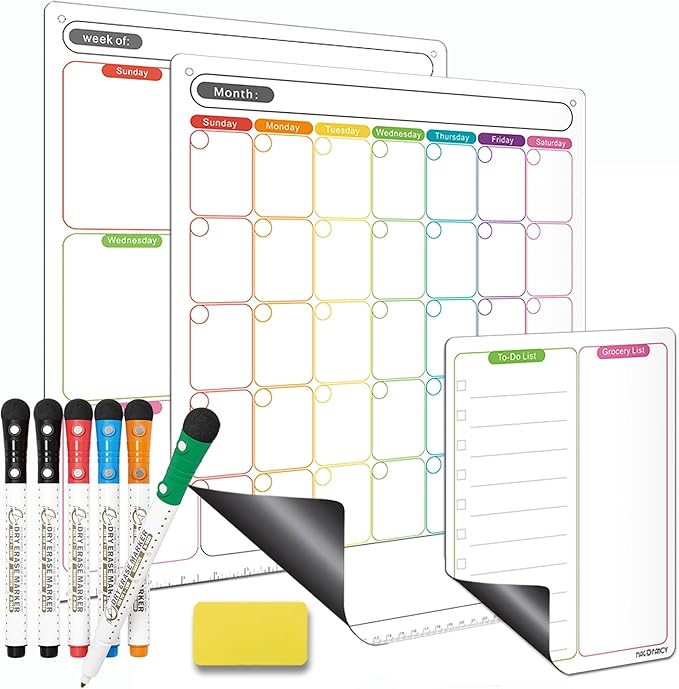 Magnetic Dry Erase Calendar Set for Fridge, Vertical Monthly and Weekly Planner Board with to Do List Notepad, Reusable Refrigerator Organizer with 6 Fine Tip Markers and Eraser