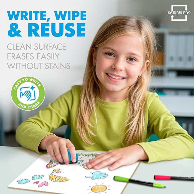Scribbledo Small Dry Erase Boards for Students, 6 Pack 9 x 12 Double Sided White Boards with 6 Erasers, Student White Boards for Classroom, Personal Whiteboards for Kids, Mini Lap Boards