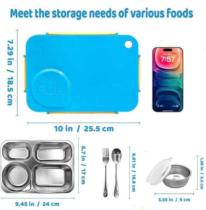 Kids Stainless Steel Lunch Box,304 Stainless Toddler Leak-Resistant Insulated Metal Bento Box,Suitable Schools,Office,Use Comes With An Independent Soup Cup,Tableware,4 Compartments (Blue)