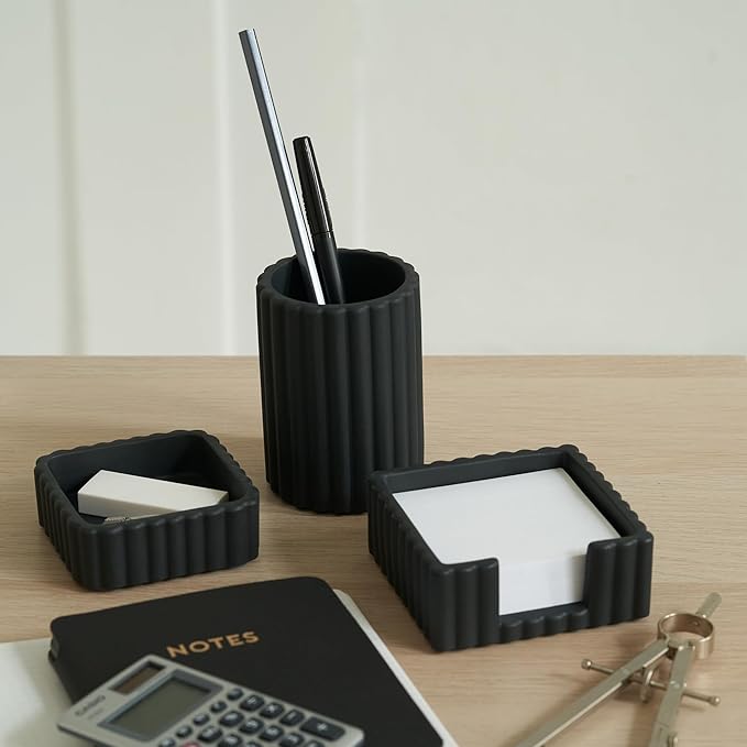 KIBAGA Modern Aesthetic Desk Accessories Set of 3 - Stylish Concrete Organizers for Pens & Office Supplies - A Cute and Functional Addition to Your Workspace Decor