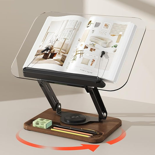 BYMECOST Acrylic Book Stand for Reading, 360°Rotating Book Holder with Pen Slot, Adjustable Height and Angle, Elastic Clips for Cookbook Stand, Foldable Desktop Riser for Laptop,Tablet,Recipe,Magazine
