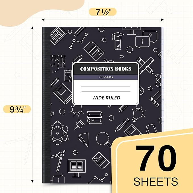 Oucaru Composition Notebook 2 Pack Wide Ruled, Black Cover Notebooks for School, 70 Sheets 7-1/2"x9-3/4, Back to School Supplies Journal for K-12 Students