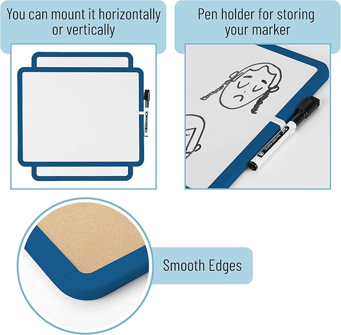 Mr. Pen- Dry Erase Board, 14” x 11” with a Black Dry Erase Marker, Dark Blue Frame, Small Mini White Board for Students, Fridge, Wall, Locker, Includes Double Sided Tapes