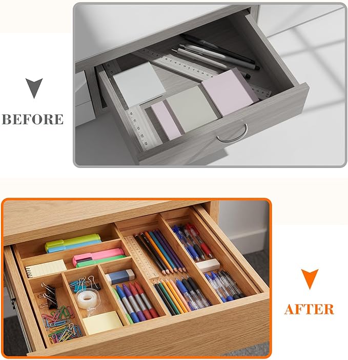 Briwooody Bamboo Sliding Desk Drawer Organizer 9.4'' up to 18'' x 15'' x 2'' Expandable Office Desk Accessories Supplies Tray with 7 Compartments for Pens, Notebooks, Rulers, and Makeup Jewelry Vanity