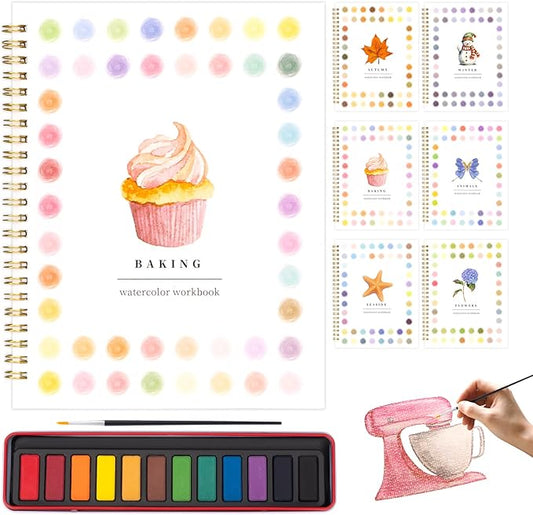 Metyond Beginner Watercolor Workbook Kit - Watercolor Painting Kit with 1 Workbook 12 Colors Paint Set with Brush, Beginner Friendly Watercolor Paint Set Gift for Adults Teens (Baking)