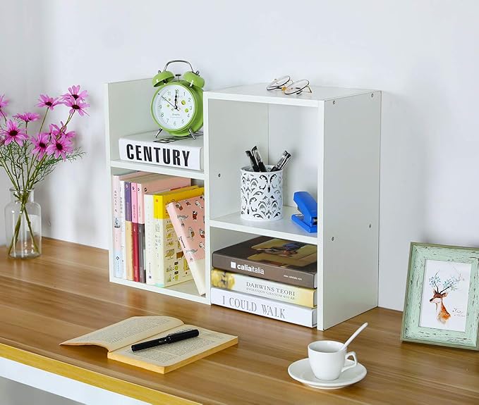 PAG Desktop Shelf Freestanding Wooden Small Bookshelf Desk Supplies Organizers and Accessories Storage Display Rack Office Dorm Decor for Women, White