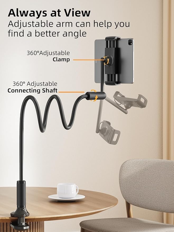 SAIJI 47" Gooseneck Kindle Holder, Tablet Holder for Bed with Upgraded Base, iPad Stand with Flexible Lazy Arm, Compatible with iPad mini Pro Air, Kindle, Galaxy or Other 4.7-11" Device (Black)
