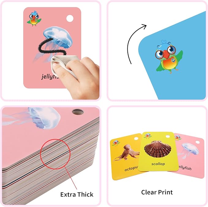 52 Pcs Preschool Ocean Animal Flash Card,Sight Words with Picture Toddler Marine Animals Flash Cards for Kids Learning Activities with Ring(Marine Animals)