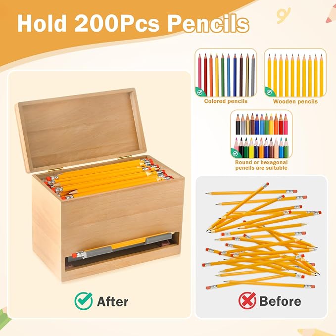 Aigybobo Pencil Dispenser for Classroom, Wooden Desk Pencil Holder (Wood) | Teacher Must Haves, Classroom Organization, Wooden Dispenser for Pencils or Straws, for Offices, Kitchens, Restaurants