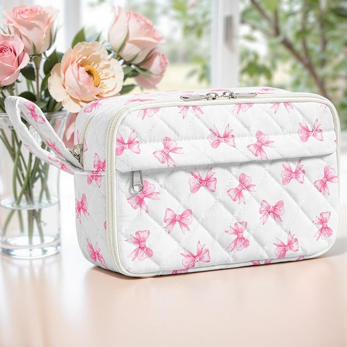 WOBAGMEN Quilted Pencil Pouch for Girls Women, Large Pencil Case Pouch with Compartments Cute Aesthetic Pencil Case Organizer, Floral Pencil Bag for School Supplies (Cute Pink Bow)