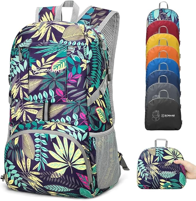 ZOMAKE Lightweight Packable Backpack 35L, Water Resistant Foldable Day Pack | Collapsible Hiking Backpacks, Compact Folding Daypack for Travel Camping, Everyday Carry, Multi-Pocket Layout(Leaf Print)