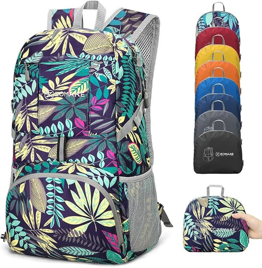 ZOMAKE Lightweight Packable Backpack 35L, Water Resistant Foldable Day Pack | Collapsible Hiking Backpacks, Compact Folding Daypack for Travel Camping, Everyday Carry, Multi-Pocket Layout(Leaf Print)