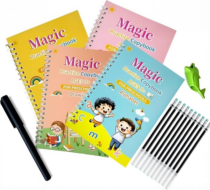 Magic Grooved Writing Practice Books for Kids 3-8, Reusable Handwriting Practice Copybook Set with Disappearing Ink, 4 Pack Preschool Writing Kit for Alphabet Number Math Drawing