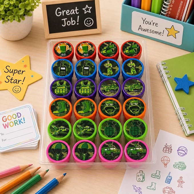 Cinrobiye 24 Pcs Military Theme Pre-Inked Stampers for Kids, Army Party Favor Stamp Set with 12 Unique Soldier Designs, Classroom Rewards, Birthday Party Supplies, Goodie Bag Fillers, Carnival Prizes