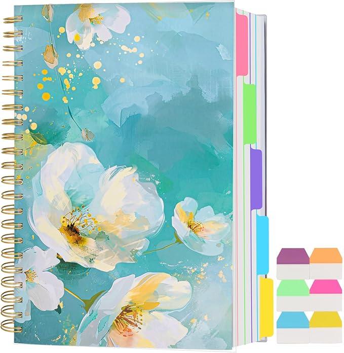 5 Subject Notebook College Ruled, A5 Spiral Notebook with Removable Pocket Dividers Tabs, Lined Organizer Notebook Journal for Women, 240 Pages Notebooks for Work School Note Taking, Green Floral