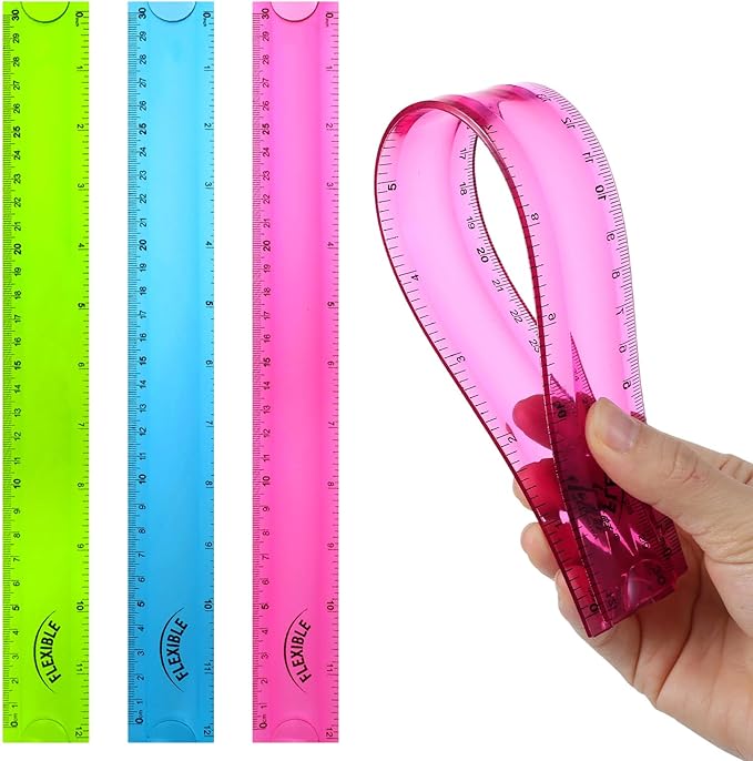 3Pcs Flexible Ruler, 12 Inch Clear Plastic Ruler Soft Bendable Rulers with Centimeters and Inches, for Kids and Adults School Classroom Office Supplies (Red, Green, Blue)