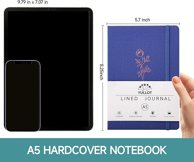 Lined Journal Notebook –A5 PU Leather Hardcover Notebook, 100gsm Thick Bleedproof Paper with Inner Pocket – 192Pages Lined Writing Journal for Students Women Note Taking - Lavender Blue