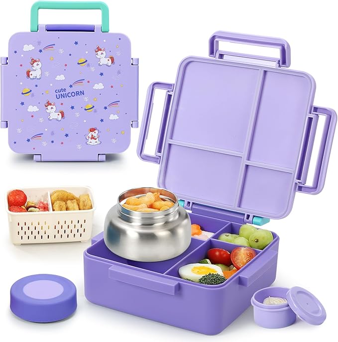 Bento Box for Kids with Thermos, [Large Capacity] Insulated Kids Lunch Box with 4 Compartment for Ages 3+, Drop-Proof & Dishwasher Safe Lunchbox Container Purple