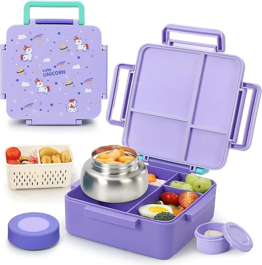 Bento Box for Kids with Thermos, [Large Capacity] Insulated Kids Lunch Box with 4 Compartment for Ages 3+, Drop-Proof & Dishwasher Safe Lunchbox Container Purple