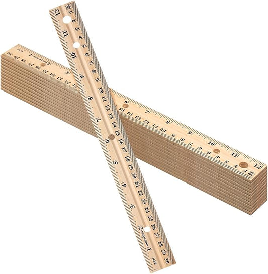 AmazingSpark 12 Pack 12 Pack Wooden Ruler Gifts 12 Inch (30cm) Bulk Wood Measuring Ruler Straight Metal Edge with 4 Holes for Teacher School Office Drafting Classroom Supplies, 2 Scale