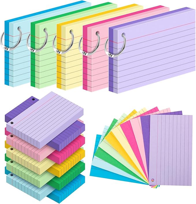 250 Count Colored Index Cards for Studying, 3x5 Inch Ruled Flash Cards 10 Color with Key Ring, 5 Packs of 50 Sheets Heavy Lined Study Note Cards with Waterproof Cover for School&Office Supplies