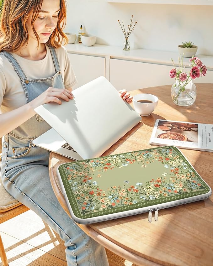 iCasso Computer Sleeve 13 inch,Stylish Girly Laptop Bag Green,13-13.6 inch Waterproof Laptop Sleeve Compatible with MacBook Neo/Air/Pro 13-14 Sleeve, HP Dell ASUS Lenovo Chromebook Notebook, Flowers