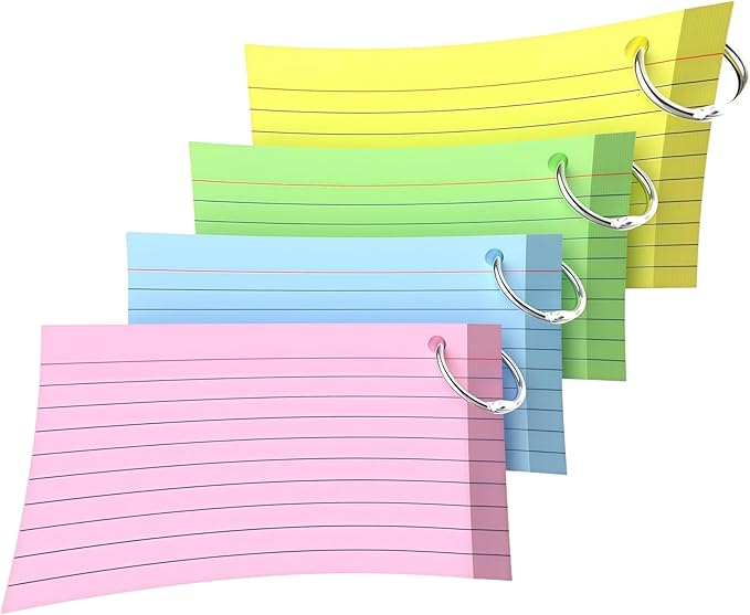 3x5 Inch-200 Count Index Cards with Key Ring, 4 Color Colored (50 Sheets Each) Flash Cards,Students, Teachers, Study Note Cards,table Note Taking for Office Home School