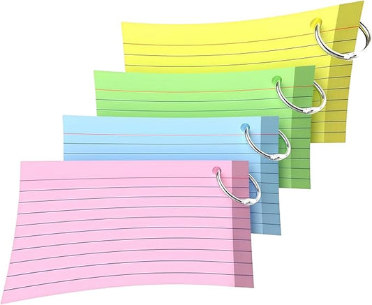 3x5 Inch-200 Count Index Cards with Key Ring, 4 Color Colored (50 Sheets Each) Flash Cards,Students, Teachers, Study Note Cards,table Note Taking for Office Home School