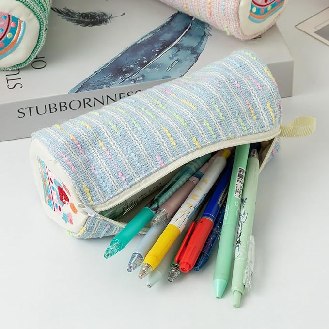Pencil Case Pouch, Cute cartoon strawberry cake pencil case with versatile colorful lines and large capacity storage bag(White Square)