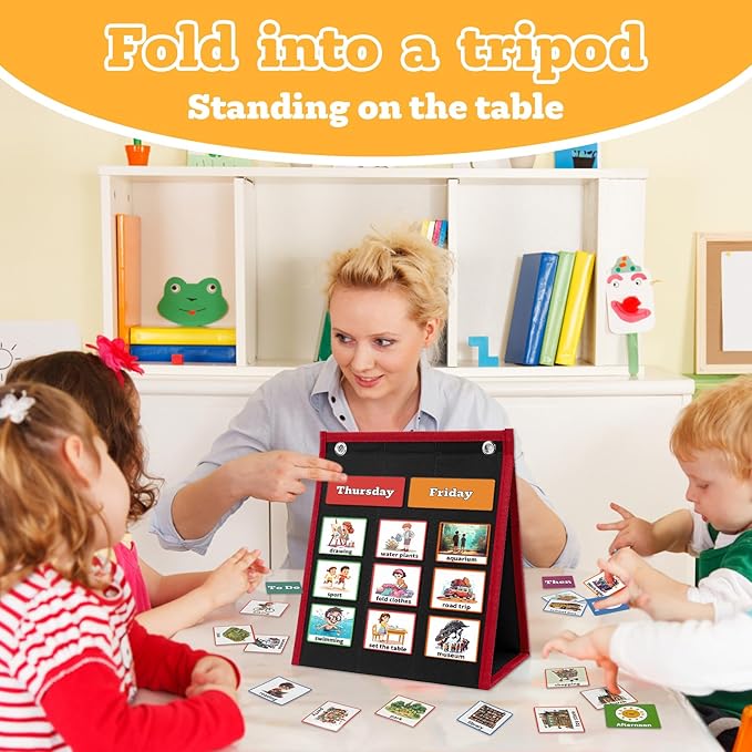 PITCOTT Visual Schedule for Kids Chore Chart，2 in 1 Daily Schedule Board Routine Pocket Chart Cards for Toddlers,Autism Learning Materials Tool Wall Planner for Home School with 103 Cards （Black）