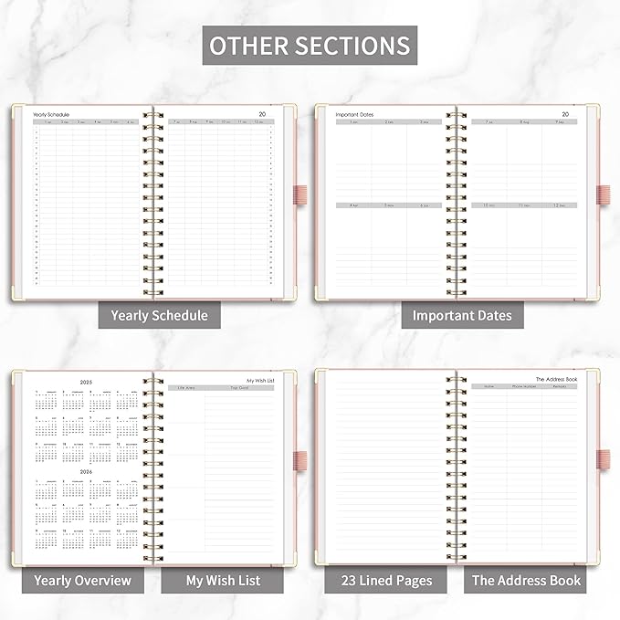 RETTACY Undated Planner, Weekly and Monthly, 53 Weeks and 12 Months, Medium Size (5.7" x 8.3"), 24 Self-adhesive Monthly Tabs, Hardcover, 100 GSM Thick Paper, Spiral-bound (Pink)