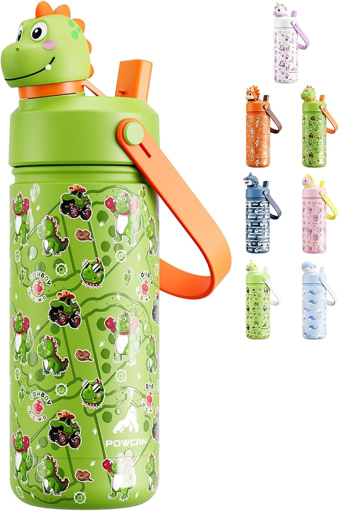 POWCAN Kids Water Bottle for School: 2-in-1 Straw Spout Lid with Soft Animal Head, Leakproof, Backpack Friendly, Keep Cold 24H, Insulated cup for Sports, Playground, Holiday Gift, Cowboy Rex 18 Ounces
