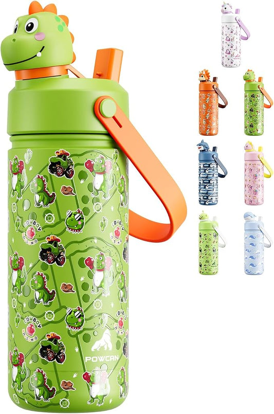 POWCAN Kids Water Bottle for School: 2-in-1 Straw Spout Lid with Soft Animal Head, Leakproof, Backpack Friendly, Keep Cold 24H, Insulated cup for Sports, Playground, Holiday Gift, Cowboy Rex 18 Ounces