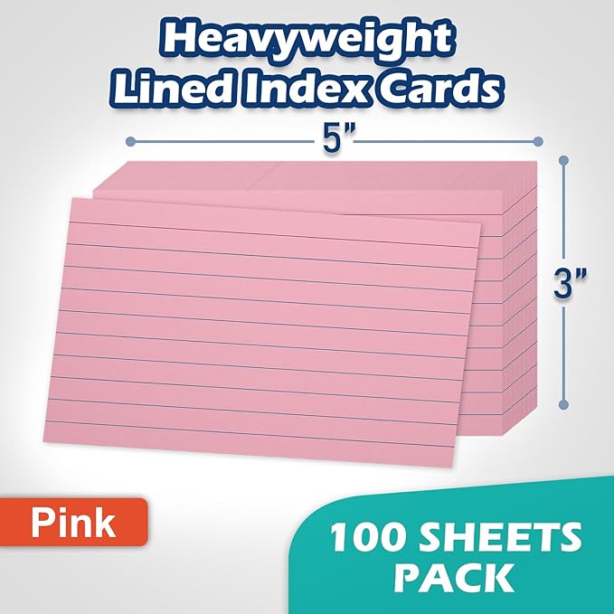 Pink Lined Index Cards 3x5 Ruled Note Cards 100 Count, 180 gsm Heavy Weight
