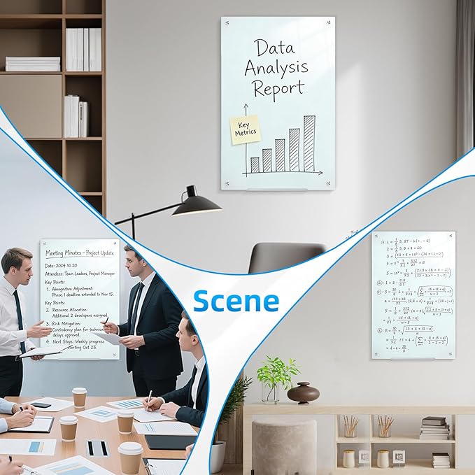 Magnetic Glass Dry Erase Board 36x24 Inch, Frameless Tempered Glass Whiteboard, Wall Mounted White Writing Board for Multiple Uses