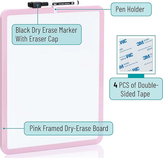 Mr. Pen- Dry Erase Board, 14” x 11” with a Black Dry Erase Marker, Pink Frame, Small Mini White Board for Students, Fridge, Wall, Locker, Includes Double Sided Tapes