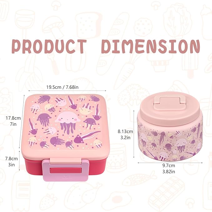 JXXM Bento Lunch Box for Kids with 8oz Soup Thermo,Leak-Proof Lunch Containers with 5 Compartment,Thermo Food Jar Food Containers for School (Pink-Jellyfish)