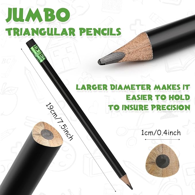 Fainne 48 Pcs Fat Pencils Jumbo Big Thick Large Pencils and 3 Pieces Sharpeners for Kids Beginners Preschoolers Kindergarten School Office Supplies(Black,Triangle)