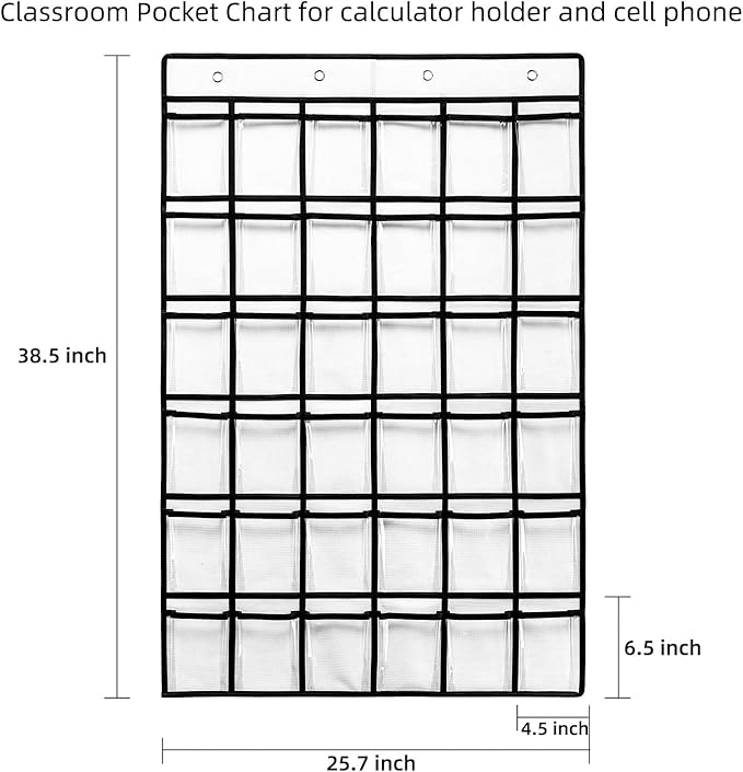 SAVERHO 36 Clear Pockets Classroom Pocket Chart for Cell Phones, Pocket Chart for Calculator Phone Holder with 36 Number Stickers and Hooks (White)