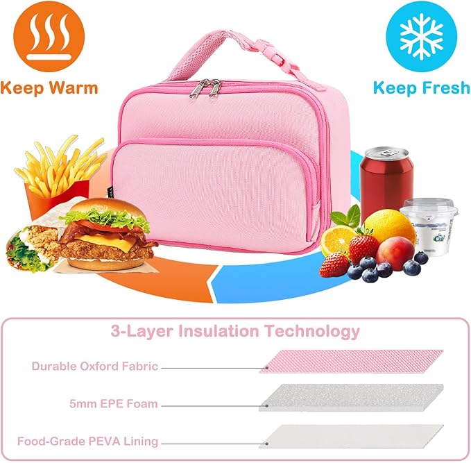 FlowFly Kids Lunch box Insulated Soft Bag Mini Cooer Back to School Thermal Meal Tote Kit for Girls, Boys,Pink