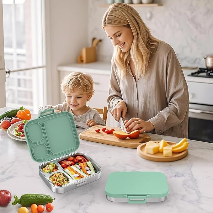 LOHASOK Stainless Steel Lunch Box: Metal Bento Box for Kids Adults - Leak-Proof 3 Compartments,Green