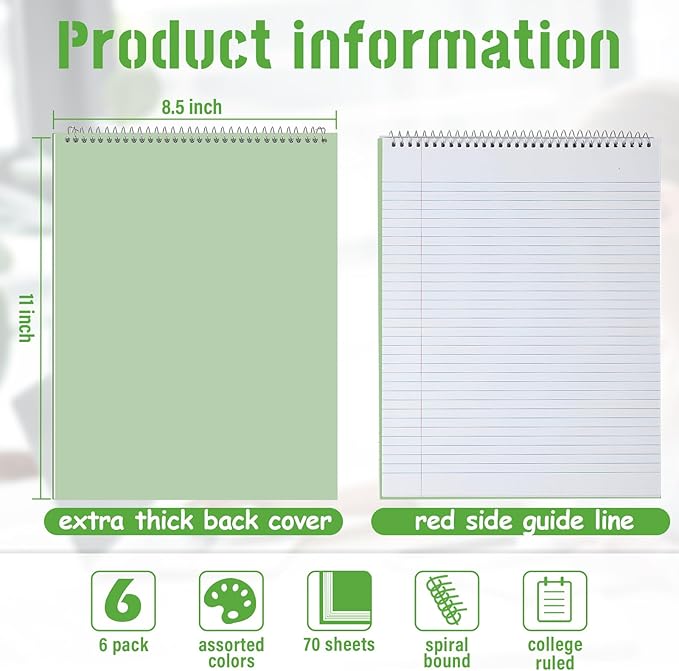 Resurhang 6 Pack 8.5 x 11'' Office Steno Book Double-sided Spiral Steno Books College Ruled White Paper 70 Sheets/Pad Pastel Colors Covers for School Office(Vivid Color,Classic Style)