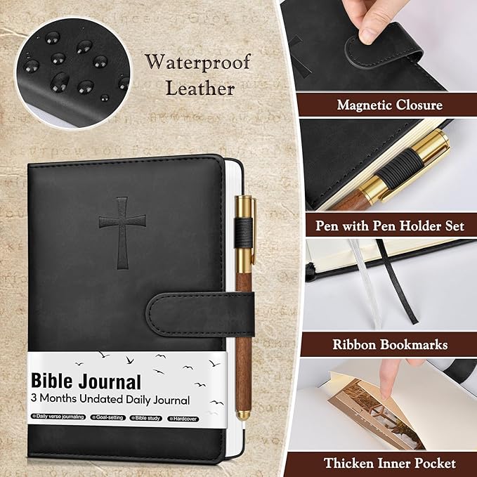 Leather Christian Bible Journal for Men, Prayer Journal for Scripture Study & Daily Devotional, Undated Church Notes Notebook, Jesus Religious Faith Gifts for Pastor, Graduation, Baptism, Black