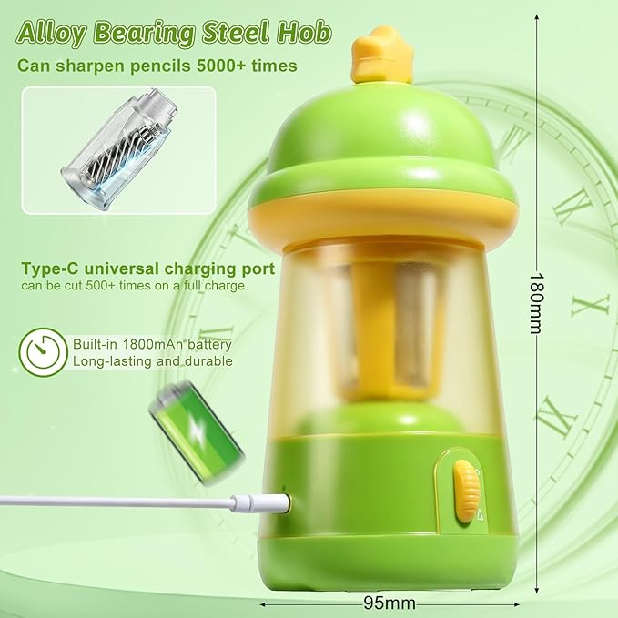 Rechargeable Electric Pencil Sharpener, 6-12mm Auto in & Out Fully Automatic Pencil Sharpener for Kids, Large Capacity Battery Powered, with Cartoon Stickers Ideal for Classroom & Home (Green)