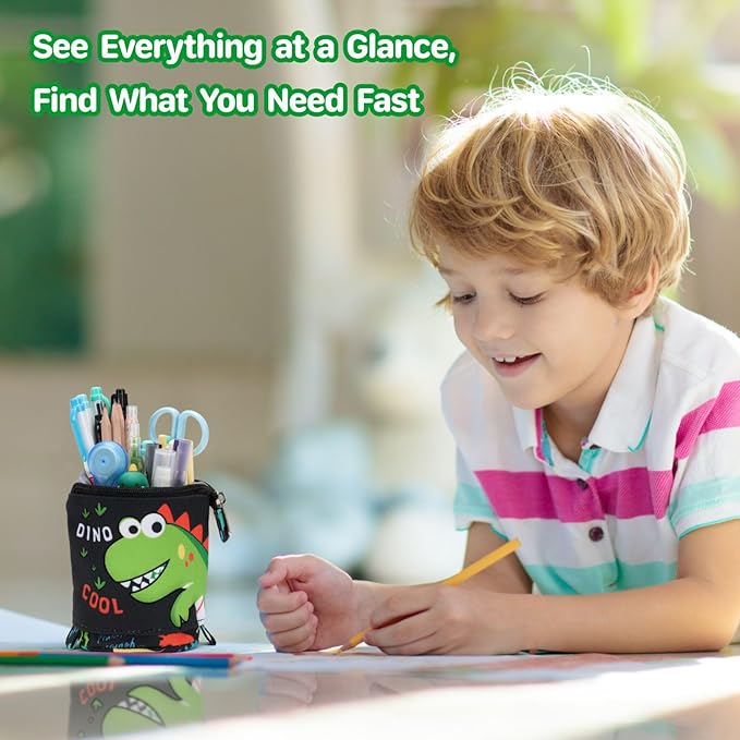 Standing Pencil Case for Boys - Telescopic Kawaii Pencil Pouch for Kids, Big Capacity Stand Up Stationery Pouch for School Students, Black Dinosaur