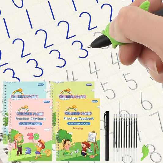 PEASUG Grooved Writing Books for Kids 3-5, Magic Grooved Writing Practice for Kids, Reusable Handwriting Workbooks Practice for Kid Learn to Write, Children's Magic Copybooks 4 Pack