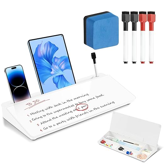 Glass Desk Whiteboard with Storage, 6.8" x 15.8" Small Dry Erase Board, Desk Board with Computer Keyboard Stand & Built-in Drawer, Includes 4 Markers, 1 Eraser for Office, Home, School