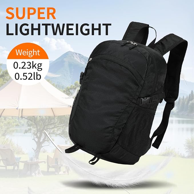Small Hiking Backpack Travel Lightweight Hiking Packable Daypack Water-Resistant Foldable Ultralight Backpacks 15L for Travel Women Men Camping (Black)