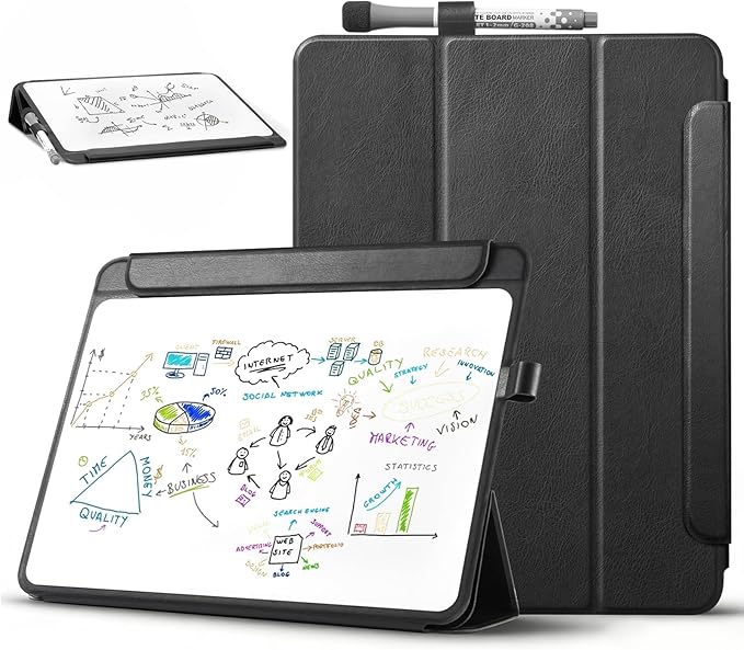 CoBak Glass Portable White Board Desktop Easel 12x9 inch (A4) - Book Folio Tri-fold Design Clean Glass Dry Erase Board with 3 Markers, Anti-Ghosting Suface for Office, Business and School (Black)